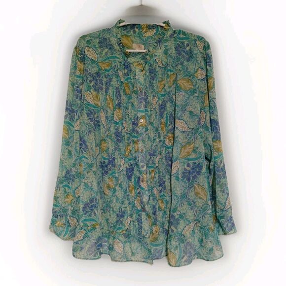 Logo Lori Goldstein 2X Hippy Leaves Snap Teal Button Shirt Long Sleeve Sheer - Picture 1 of 7